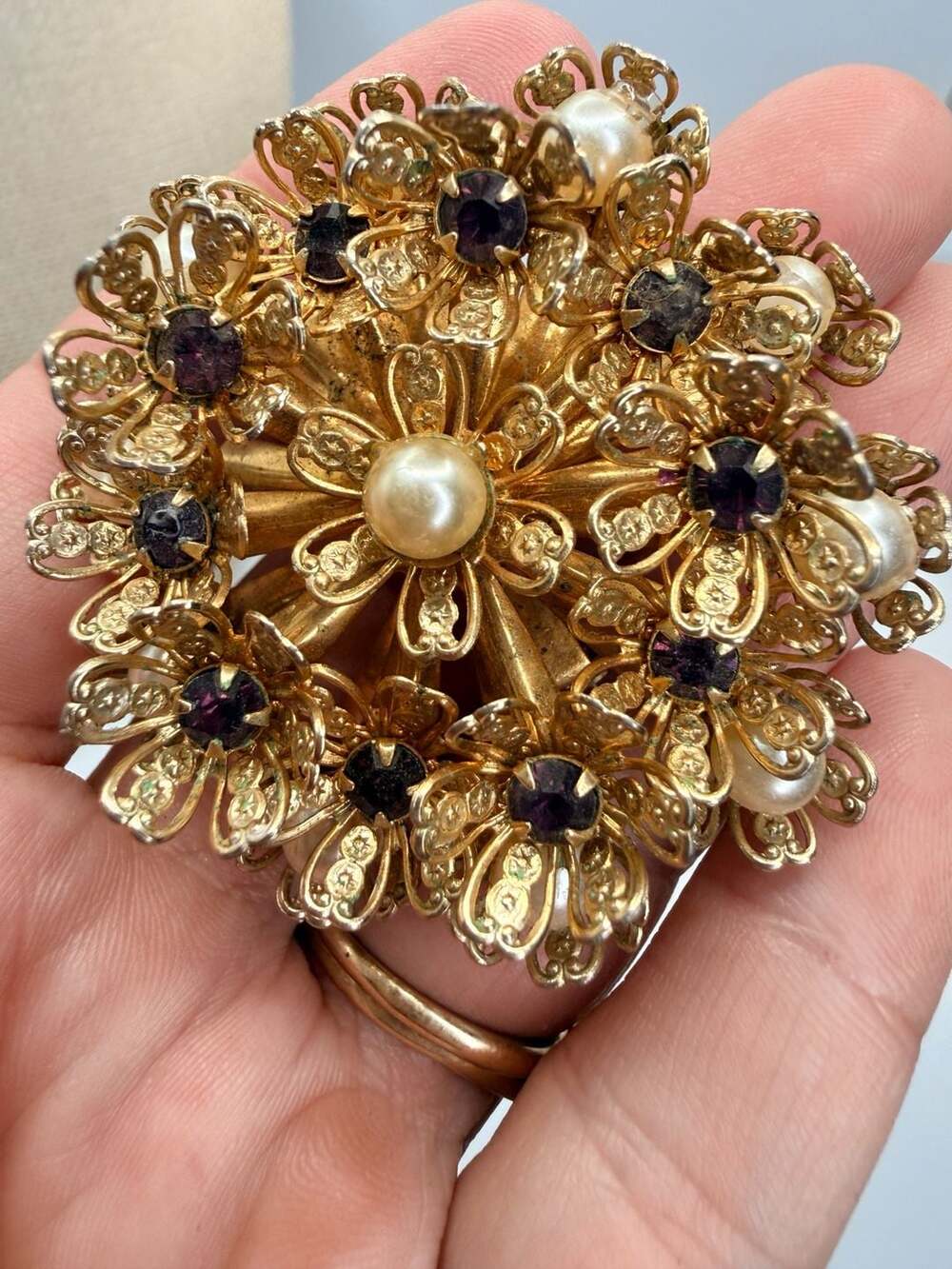 Vintage Gold Tone Floral Brooch Purple Rhinestone Pearl